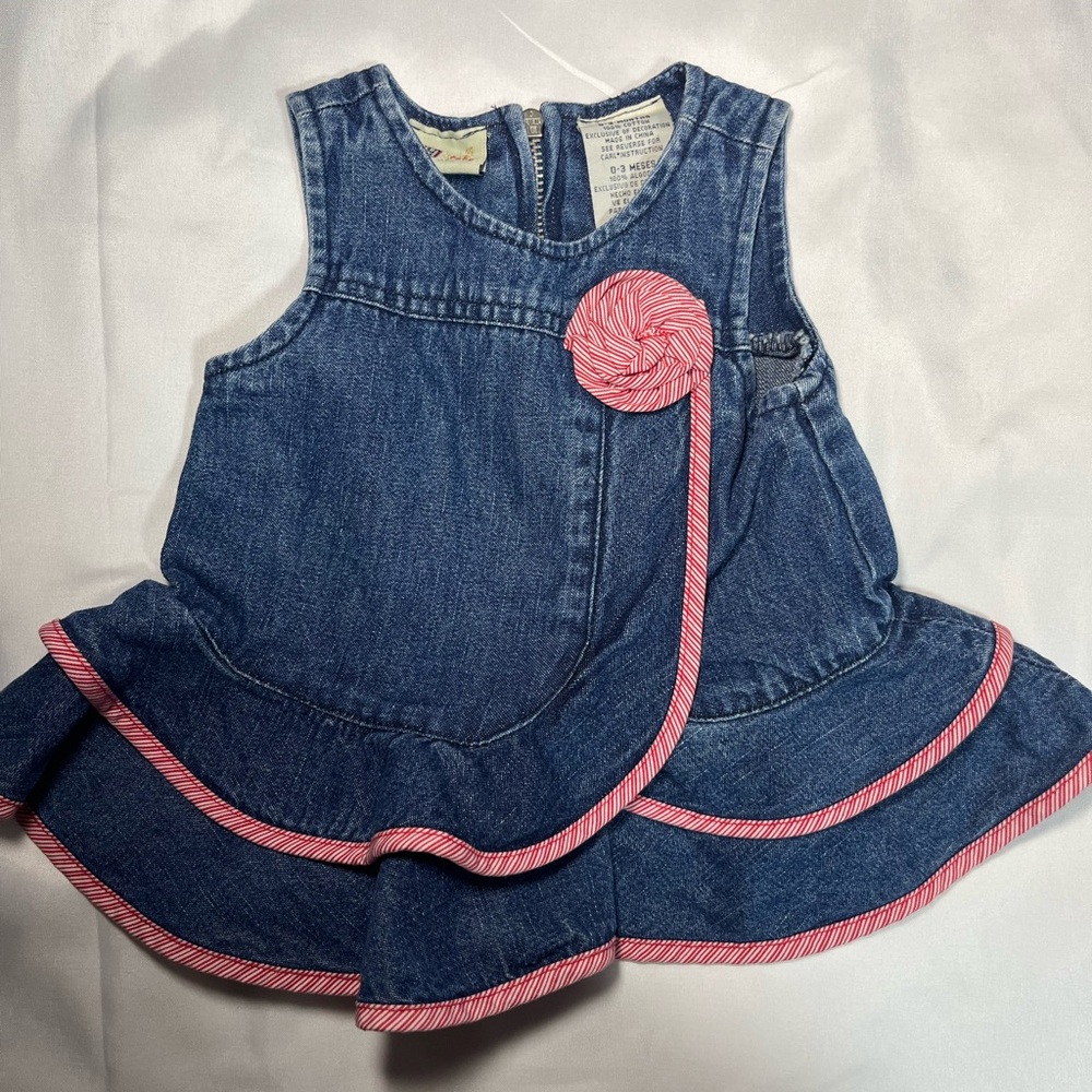 Vintage Faded Glory Baby Denim Dress 0-3M Red Trim Swirl Ruffle Zip‎ Back